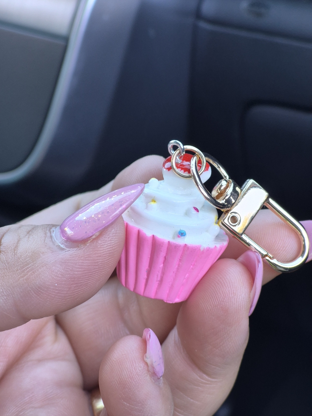 Pink Cupcake Keychain Charm with White Frosting